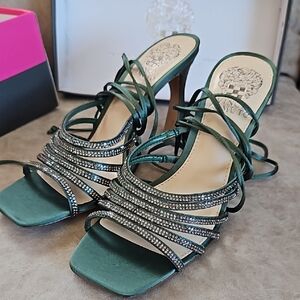 Vince Camuto Green Heels with Rhinestone Straps and Open Toe Design